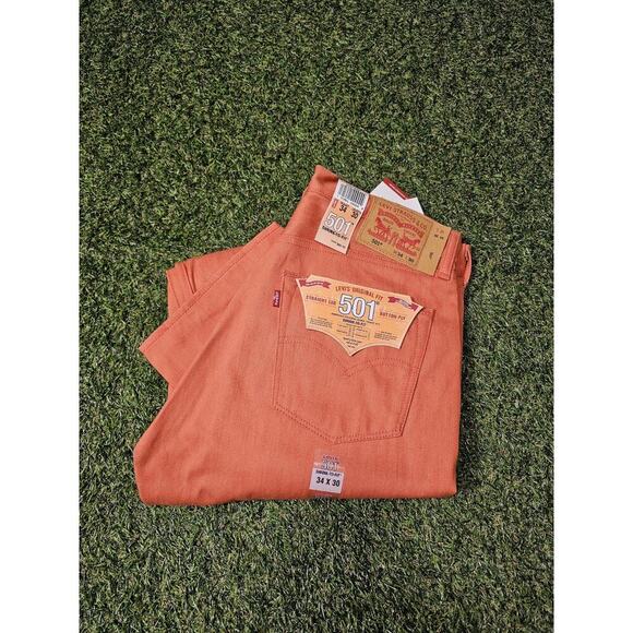 LEVI'S 501 Jeans NWT Button Fly Shrink to Fit Pink Coral Straight Mens 34 x 30 - Picture 1 of 9
